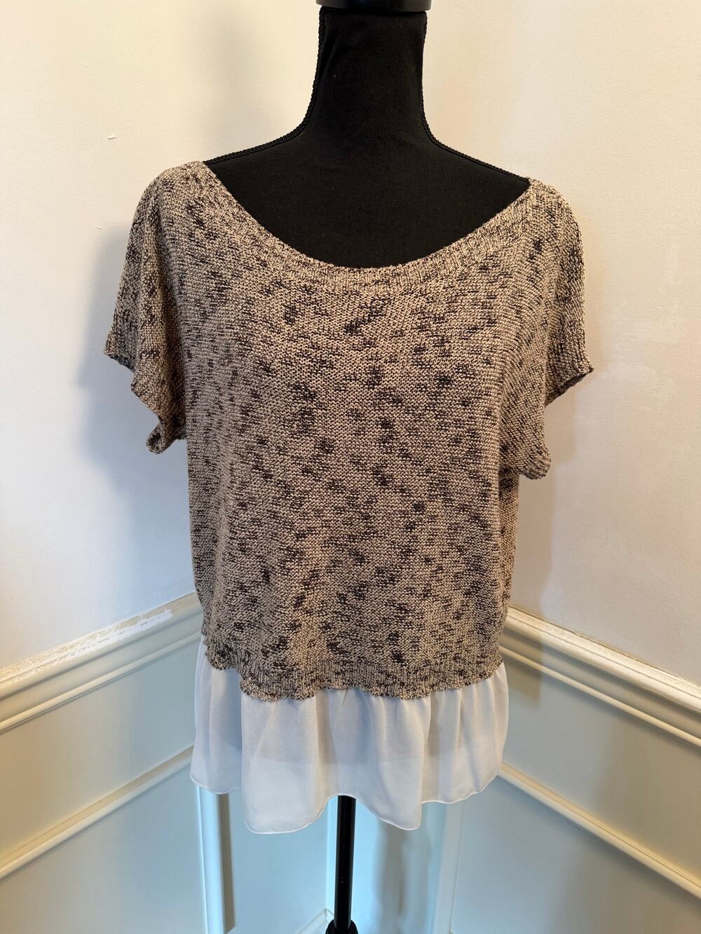 MOTH by Anthropologie Mixed Media Marled Knit Layered Chiffon Hem Top Neutral